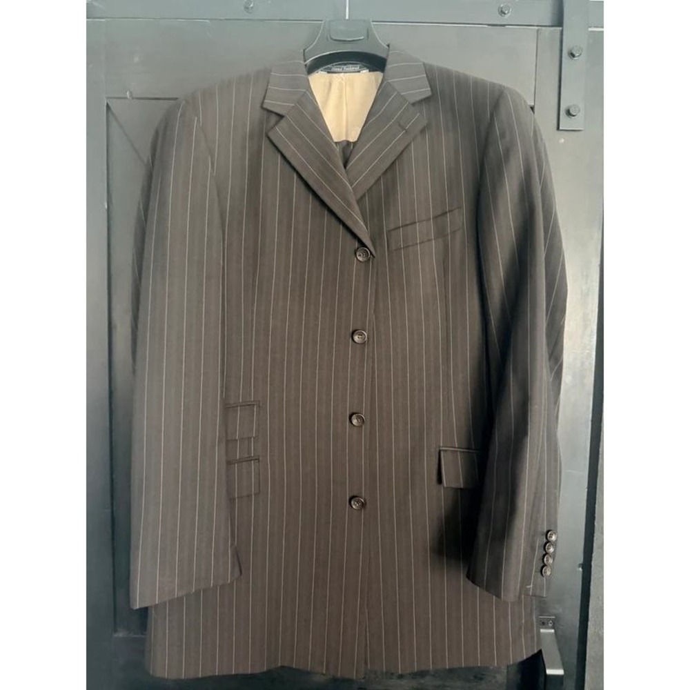 Steve Harvey Collection Pinstripe Suit Jacket Super 120s Merino Wool Black 4-Btn